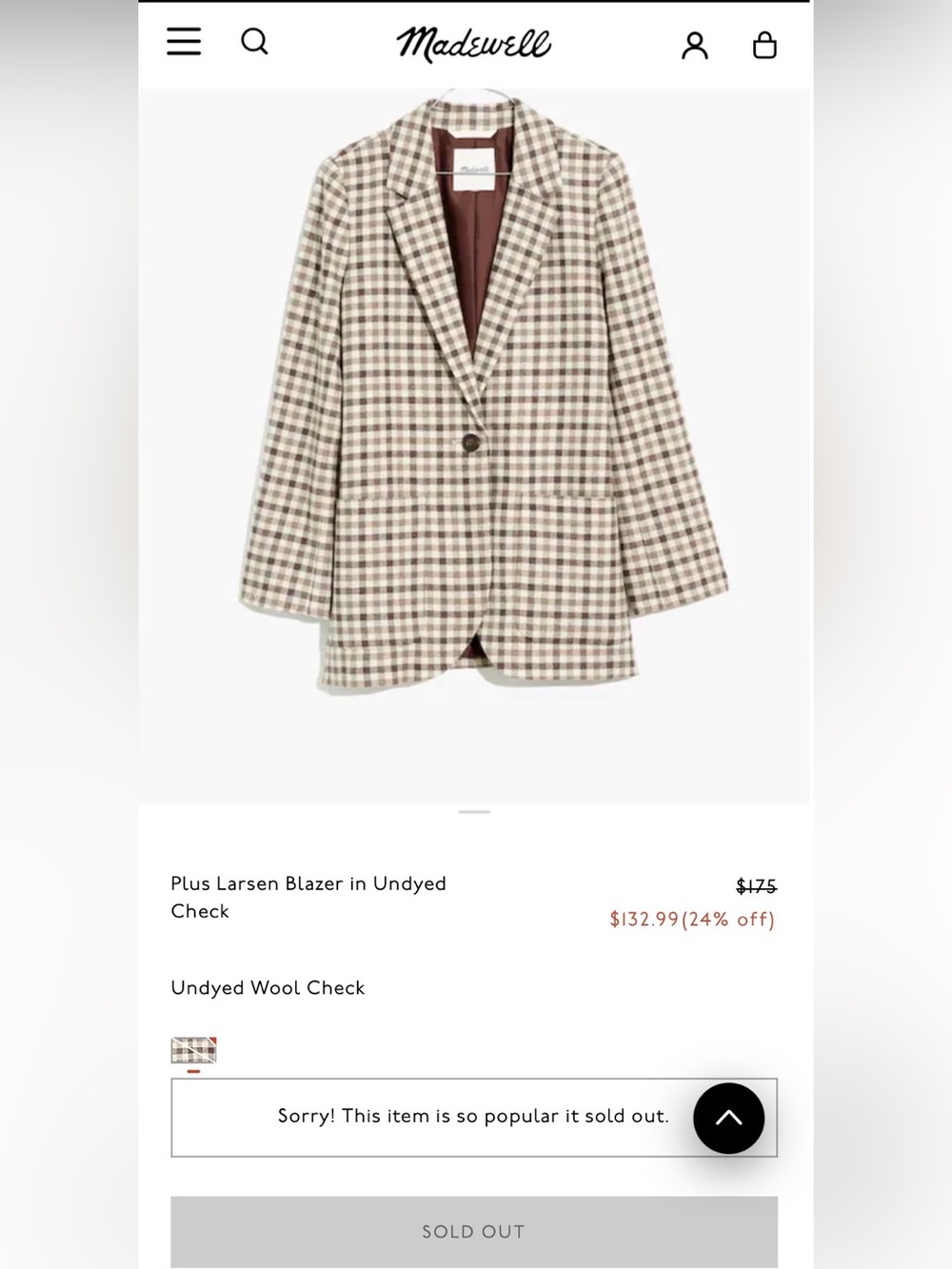 Madewell Larsen Blazer Undyed Wool Check Brown & Cream Plaid Single-Button $175 - Picture 12 of 13